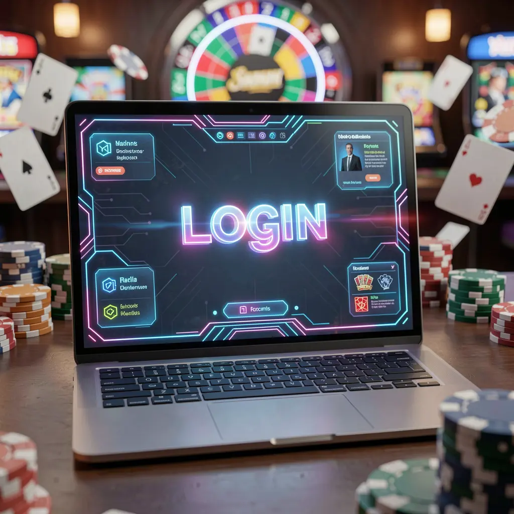 Modern laptop with a glowing login interface surrounded by blurred casino chips highlighting secure access to 777BJ for players in Bangladesh