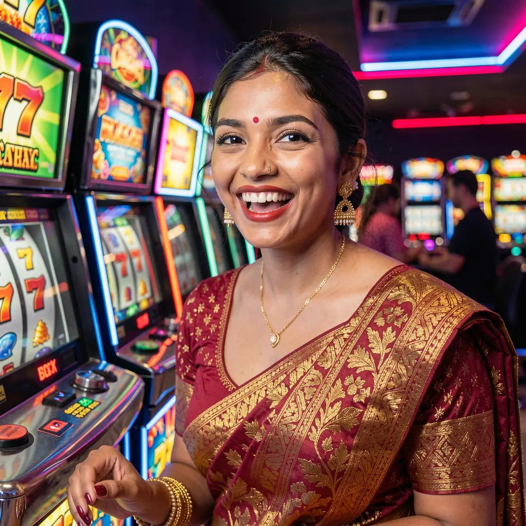 Excited woman enjoying colorful slot machines with glowing 777 symbols in a vibrant casino atmosphere at 777BJ online casino in Bangladesh